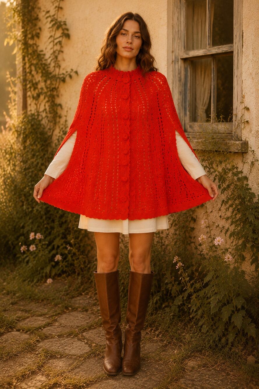 Vintage Handknit Cherry Red Chunky Sweater Cape OS Cottage Boho Grandma